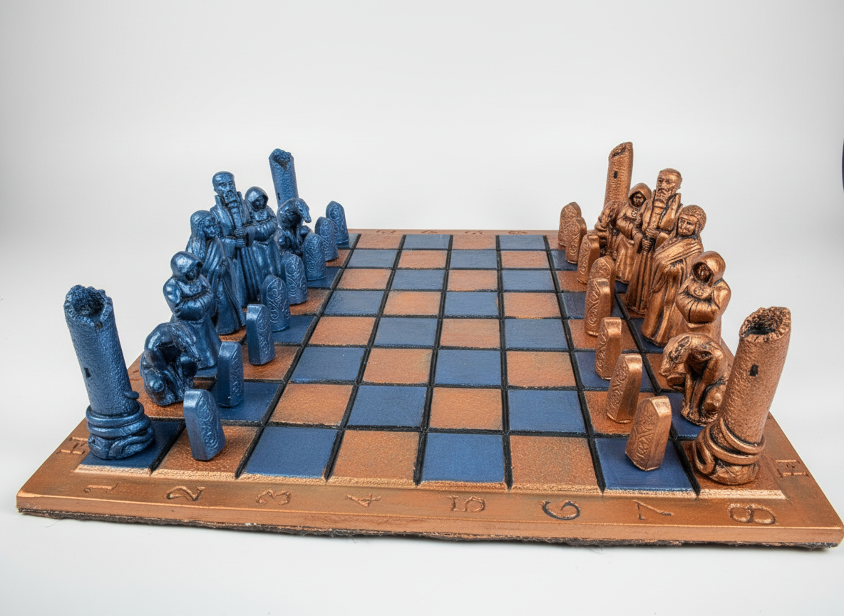 Stonecast Gothic Fantasy theme,Chess set in Red Bronze and Metallic Blue, with matching Board