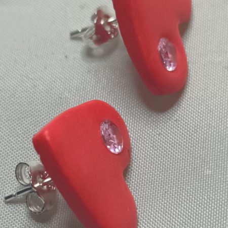 Polymer Clay Heart Stud Earrings with Pink Cubic Zirconia, Sterling Silver