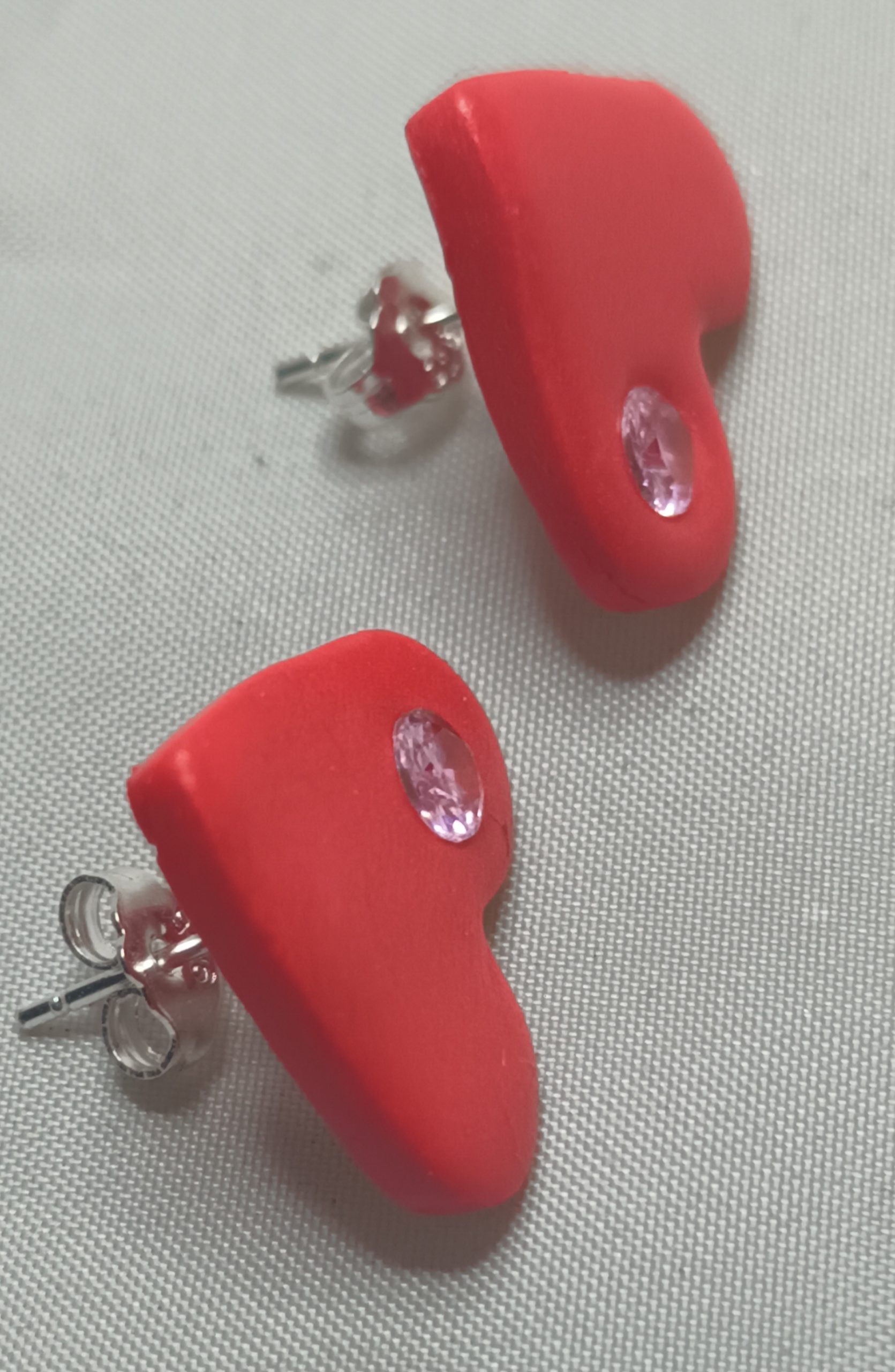 Polymer Clay Heart Stud Earrings with Pink Cubic Zirconia, Sterling Silver