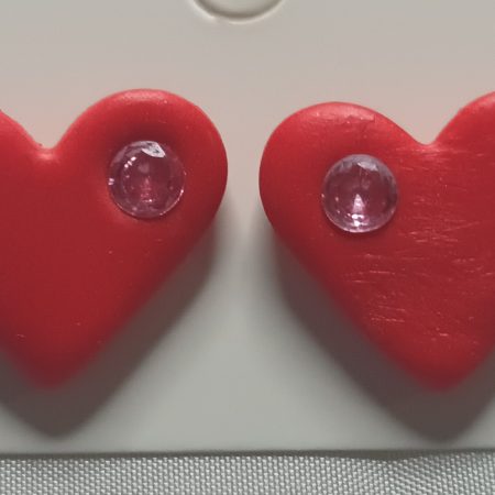 Polymer Clay Heart Stud Earrings with Pink Cubic Zirconia, Sterling Silver