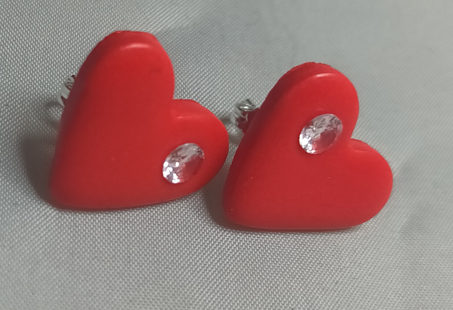 Polymer Clay Heart Earrings with Cubic Zirconia and Silver Posts