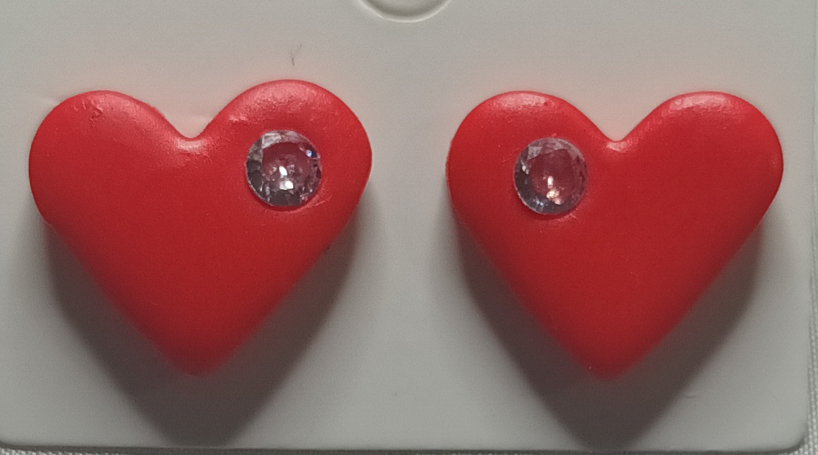 Polymer Clay Heart Earrings with Cubic Zirconia and Silver Posts