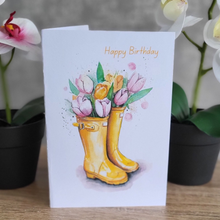 Personalised Birthday Card – Yellow Wellington Boots with Tulips, 5x7