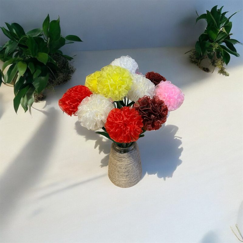 Handmade Ribbon Carnation Flower Stems for Mothers Day.