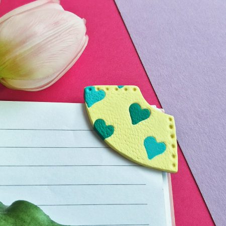 Corner Bookmark, Vanilla Leather Texture, Green-Blue Heart, Polymer Clay Bookmark