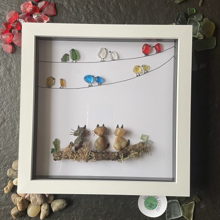 Sea Glass & River Pebble Cat Art – Trio of Cats Birdwatching, Coastal Handmade Wall Decor