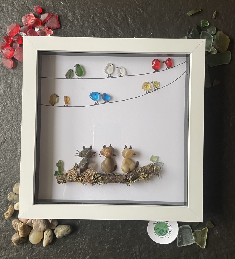 Sea Glass & River Pebble Cat Art – Trio of Cats Birdwatching, Coastal Handmade Wall Decor