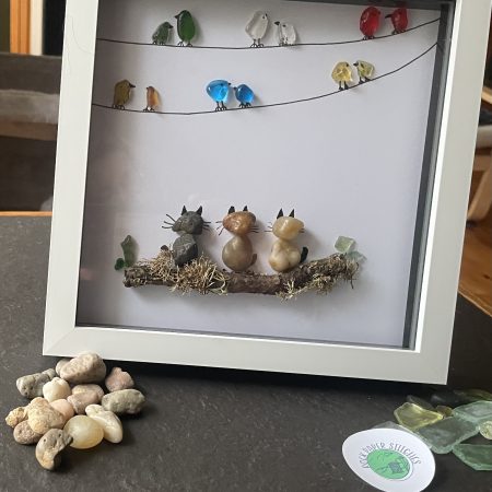 Sea Glass & River Pebble Cat Art – Trio of Cats Birdwatching, Coastal Handmade Wall Decor