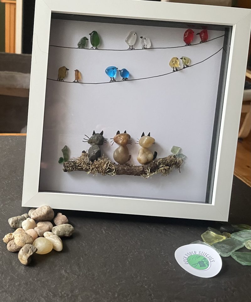 Sea Glass & River Pebble Cat Art – Trio of Cats Birdwatching, Coastal Handmade Wall Decor