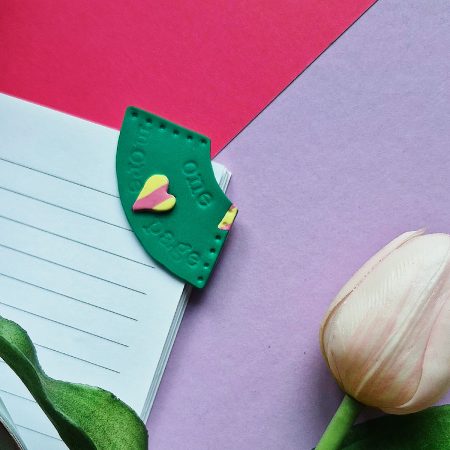 Corner Bookmark, Green with Vanilla-Pink Little Heart, Polymer Clay Bookmark