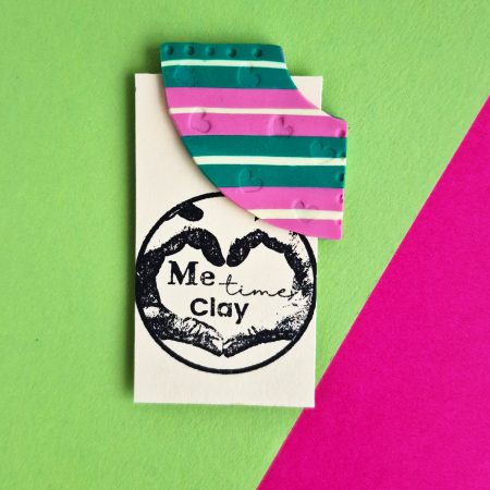 Corner Bookmark, Stripy Green-Pink, Little Heart Stamp, polymer clay bookmark
