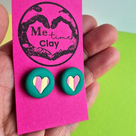 Heart Stud Earrings, Green with Stripy Vanilla-Pink Heart, Medium Polymer Clay Earrings