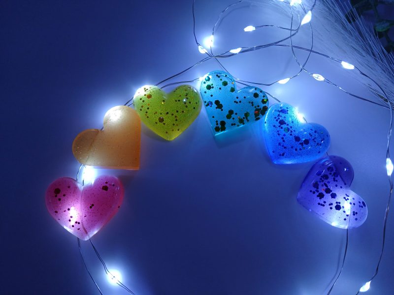 Set of six Decorative Rainbow Hearts