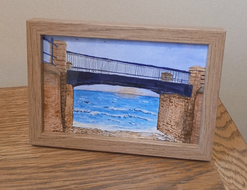 Bridge Hole, Filey Seafront, original framed acrylic painting, 6x4" Pine Frame