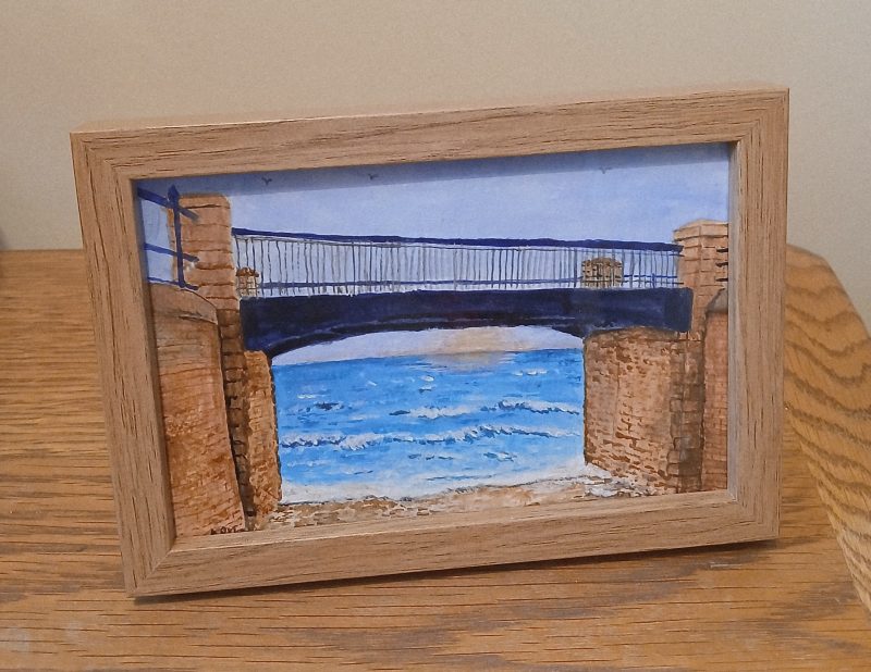 Bridge Hole, Filey Seafront, original framed acrylic painting, 6x4" Pine Frame