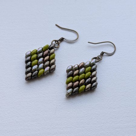 Handwoven Beaded Diamond-Shaped Dangle Earrings - Green mix