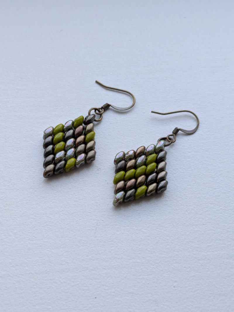 Handwoven Beaded Diamond-Shaped Dangle Earrings - Green mix