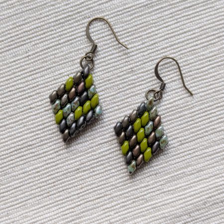 Handwoven Beaded Diamond-Shaped Dangle Earrings - Green mix