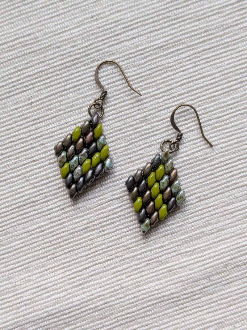 Handwoven Beaded Diamond-Shaped Dangle Earrings - Green mix