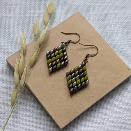 Handwoven Beaded Diamond-Shaped Dangle Earrings - Green mix
