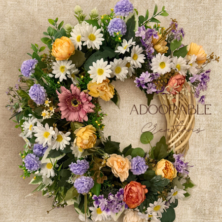 Handmade Large Wreath with a Mix of Artificial Flowers on Rattan Base 55cm x 50cm