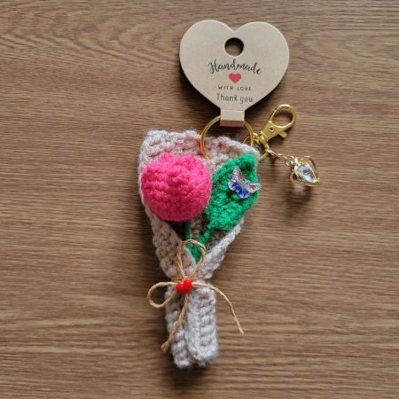 Handmade Crochet Tulip Keyring with Butterfly & Crystal Heart Charm - Floral Bouquet Keychain Gift