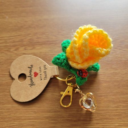 Handmade Crochet Yellow Rose Keyring with Ladybug & Crystal Heart Charm - Floral Bouquet Keychain Gift