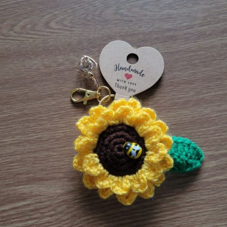 Handmade Crochet Sunflower Keyring with Bee & Crystal Heart Charm - Floral Statement Keychain Gift
