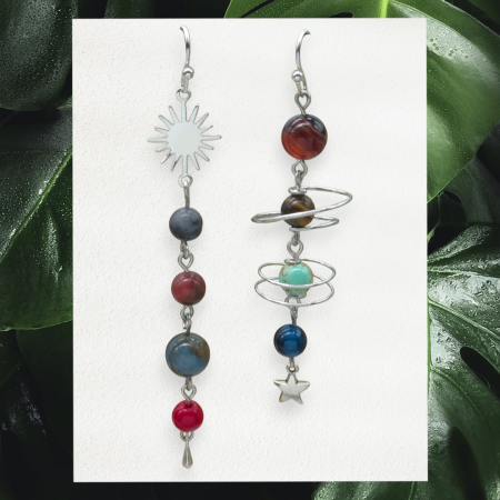 Solar System Earrings, Long Bead Dangle Jewellery Silver, Planets Sun Stars Space