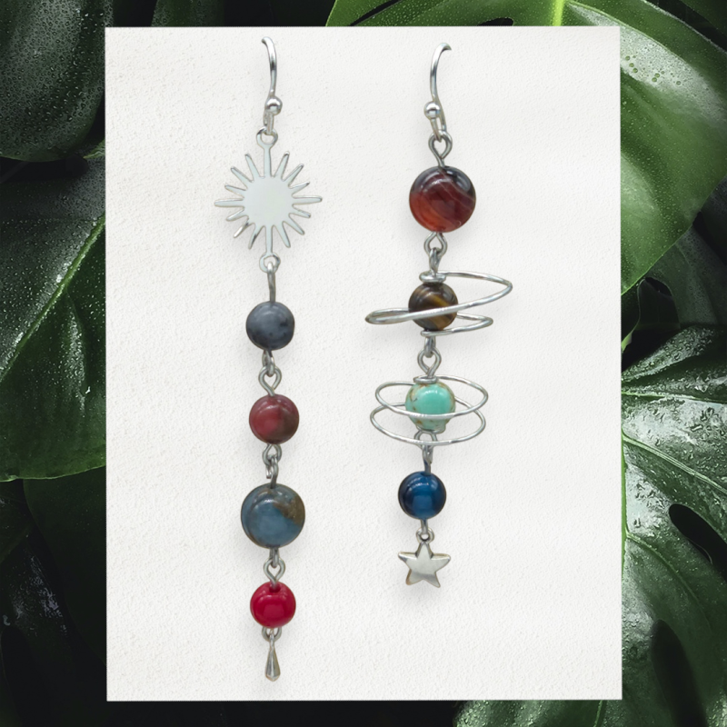 Solar System Earrings, Long Bead Dangle Jewellery Silver, Planets Sun Stars Space