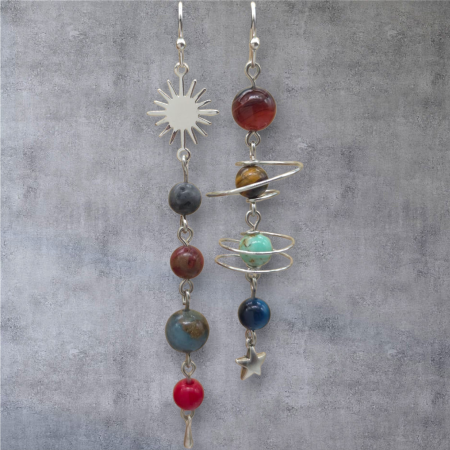 Solar System Earrings, Long Bead Dangle Jewellery Silver, Planets Sun Stars Space