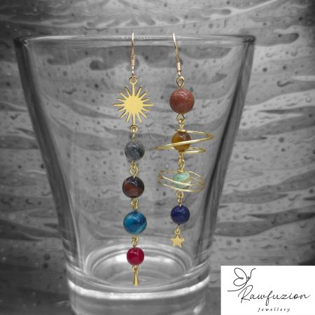 Celestial Planet Solar System Earrings, Sun Moon & Stars Earrings, Gold Wire Wrapped Space Jewellery