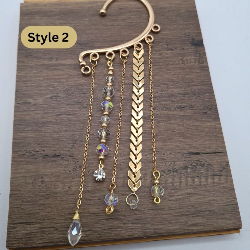 Ear Wrap Cuff, Dainty Bead Dangle, Gold No Piercing Earring, Crystal Jewellery Gold