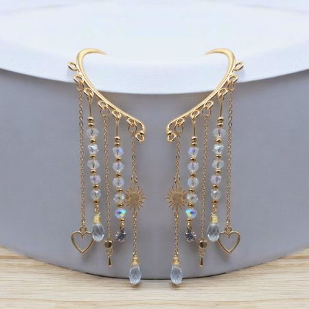 Ear Wrap Cuff, Dainty Bead Dangle, Gold No Piercing Earring, Crystal Jewellery Gold