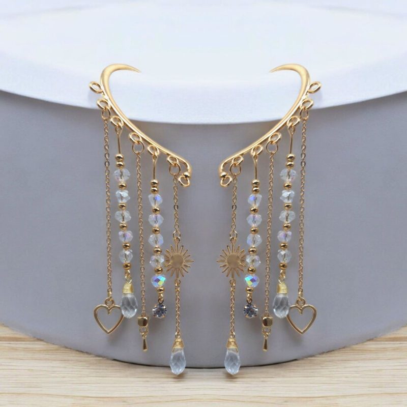 Ear Wrap Cuff, Dainty Bead Dangle, Gold No Piercing Earring, Crystal Jewellery Gold