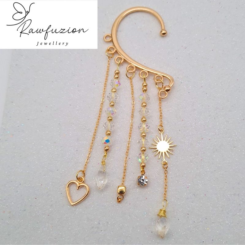Ear Wrap Cuff, Dainty Bead Dangle, Gold No Piercing Earring, Crystal Jewellery Gold