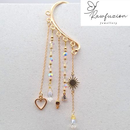 Ear Wrap Cuff, Dainty Bead Dangle, Gold No Piercing Earring, Crystal Jewellery Gold