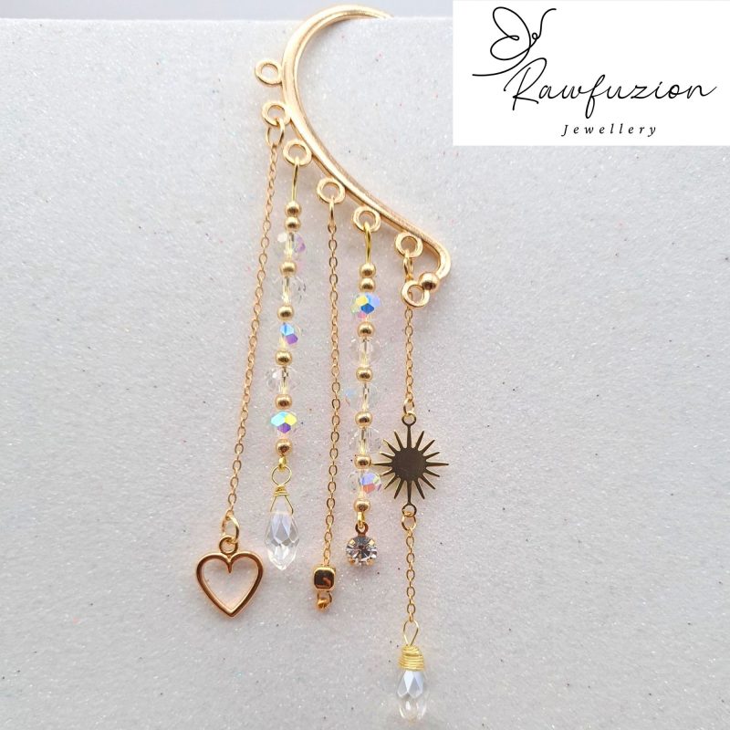 Ear Wrap Cuff, Dainty Bead Dangle, Gold No Piercing Earring, Crystal Jewellery Gold