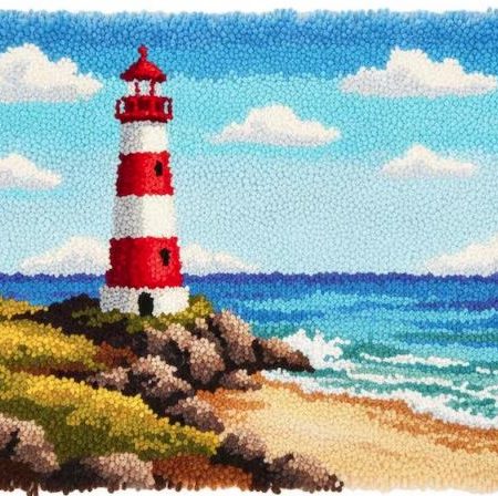 Rug Making Latch Hooking Kit | Beach Lighthouse (75x55cm Printed Canvas) “NEW”