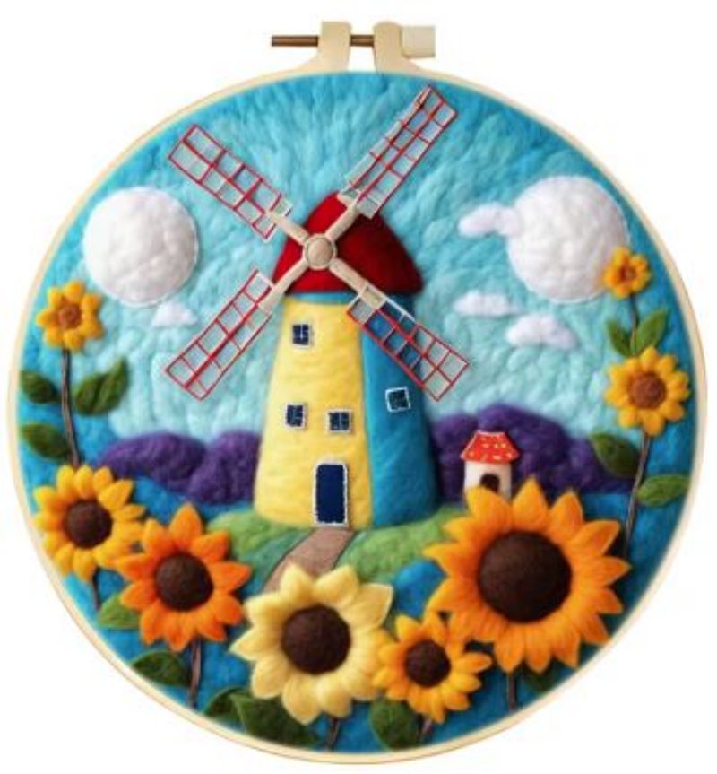 Wool Felting Kit for Beginner | Windmill Sunflowers (20cm with Frame)