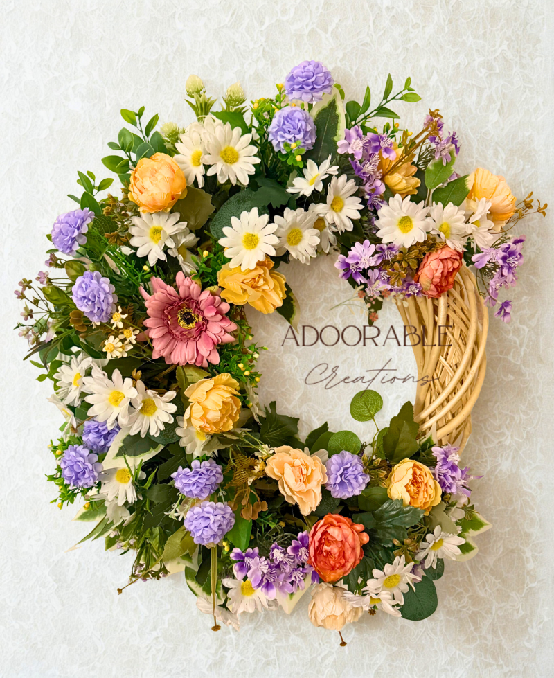Handmade Large Wreath with a Mix of Artificial Flowers on Rattan Base 55cm x 50cm
