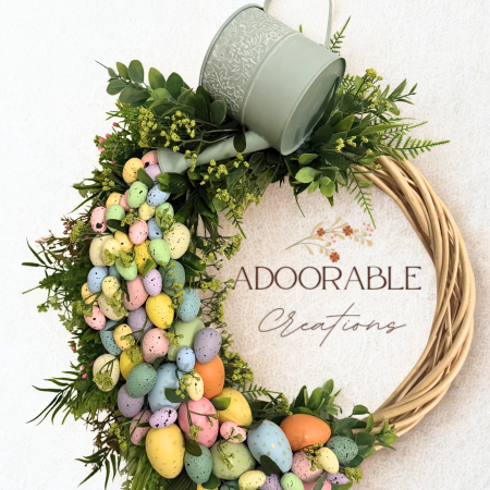 Handmade Easter Wreath with Watering Can and Cascading Eggs, 60cm x50cm