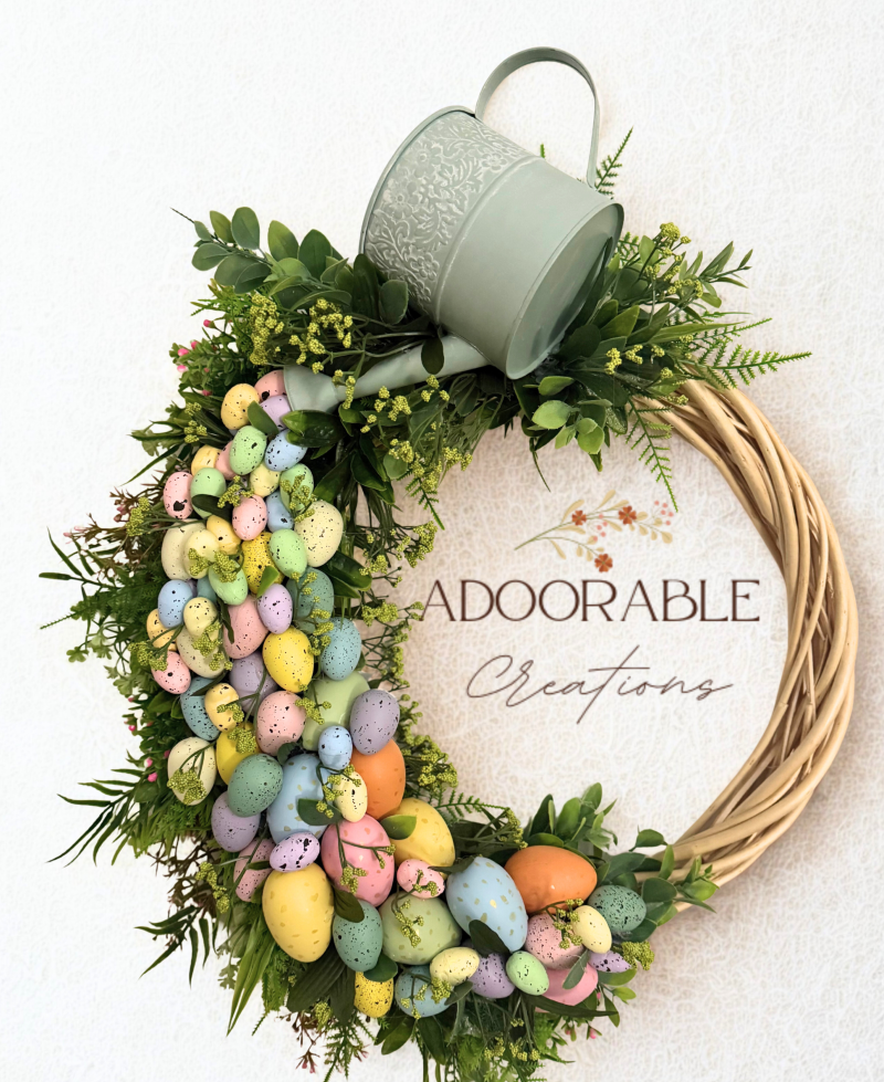 Handmade Easter Wreath with Watering Can and Cascading Eggs, 60cm x50cm