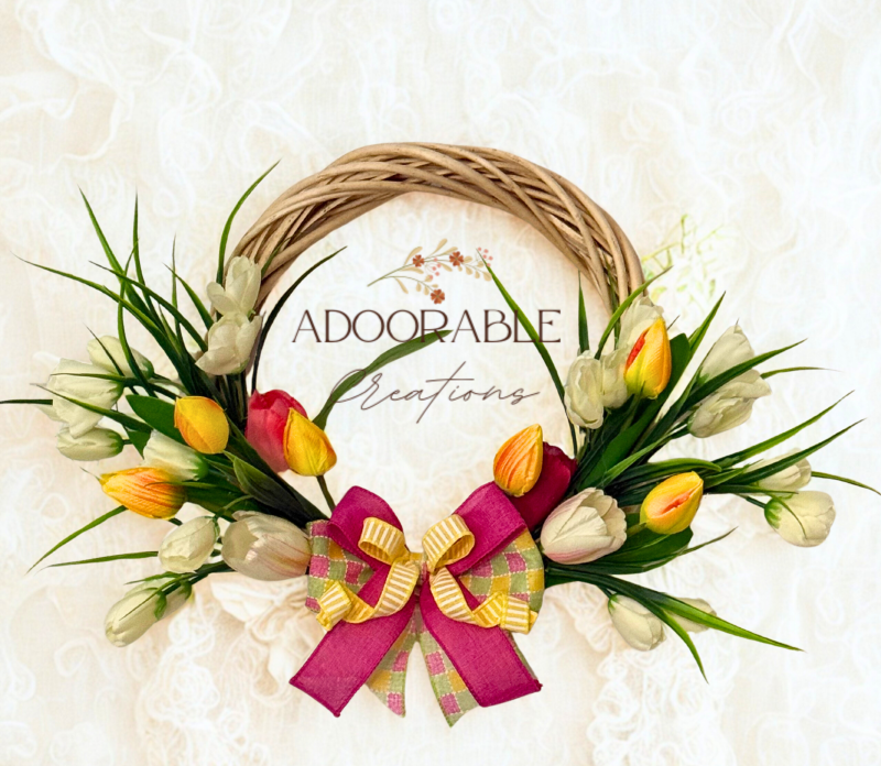 Handmade artificial Spring Wreath on a cream Rattan Base, 40x50cm