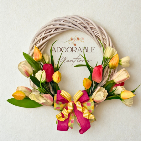 Spring Tulip Wreath on White Rattan Base, 40cm x 40cm