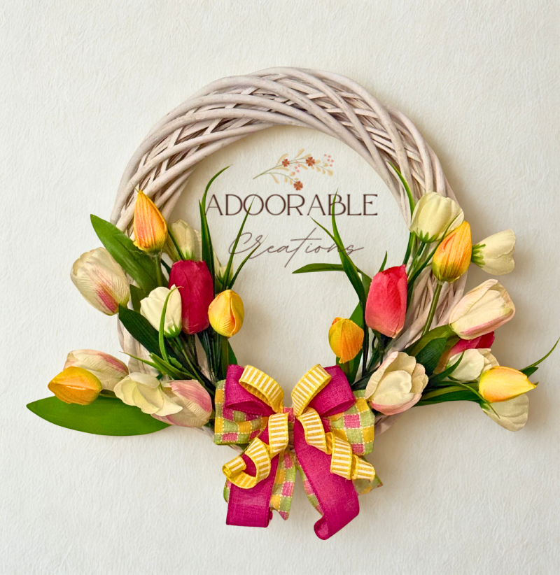 Spring Tulip Wreath on White Rattan Base, 40cm x 40cm