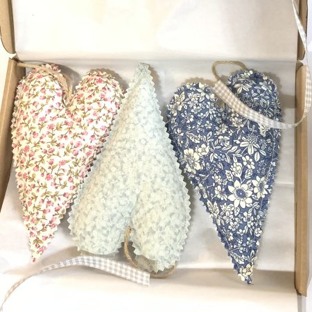 Rustic Floral Hanging Heart Trio - Set of 3 Decorative Fabric Ornaments 'Amélie' - Letterbox Gift