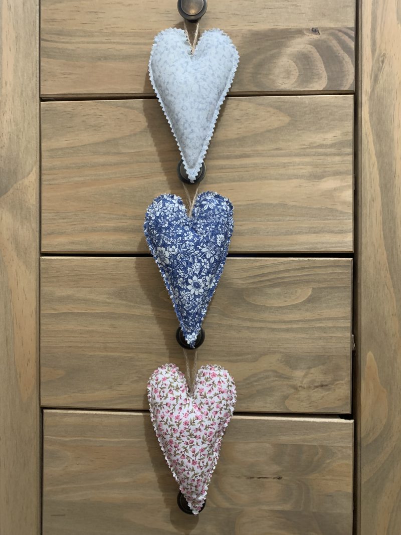 Rustic Floral Hanging Heart Trio - Set of 3 Decorative Fabric Ornaments 'Amélie' - Letterbox Gift