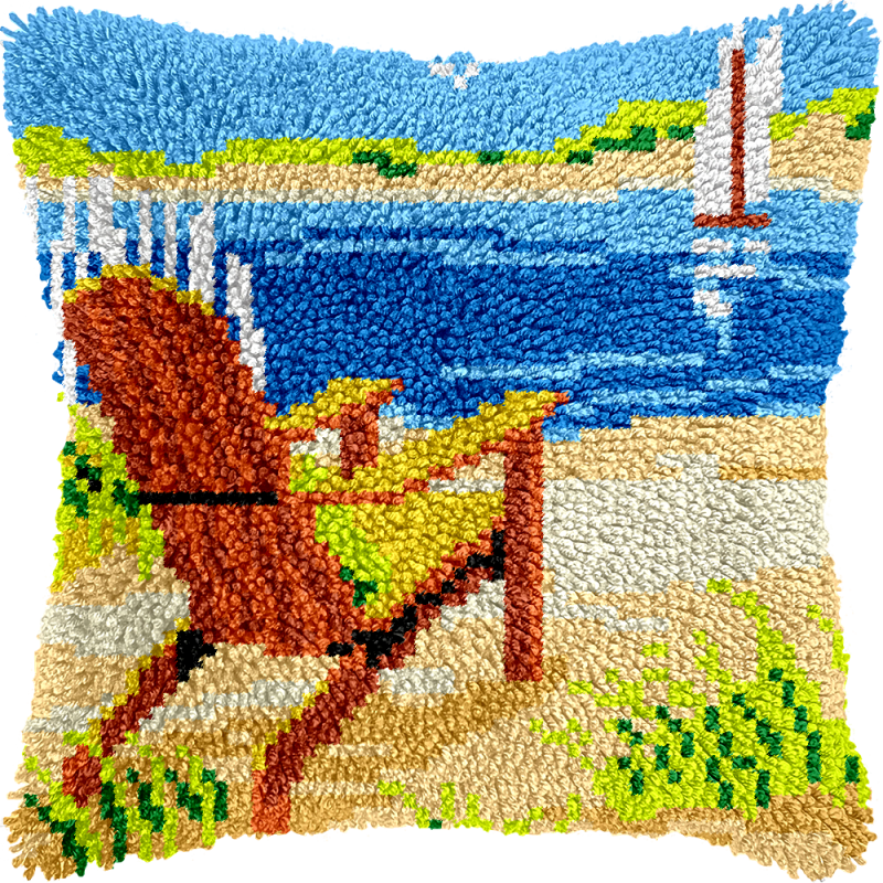 Pillow Latch Hooking Kit Cushion Cover | Beach Chair (43x43cm Printed Canvas)