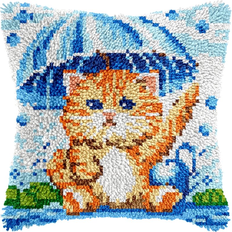 Pillow Latch Hooking Kit Cushion Cover | Cat Umbrella (43x43cm Printed Canvas)